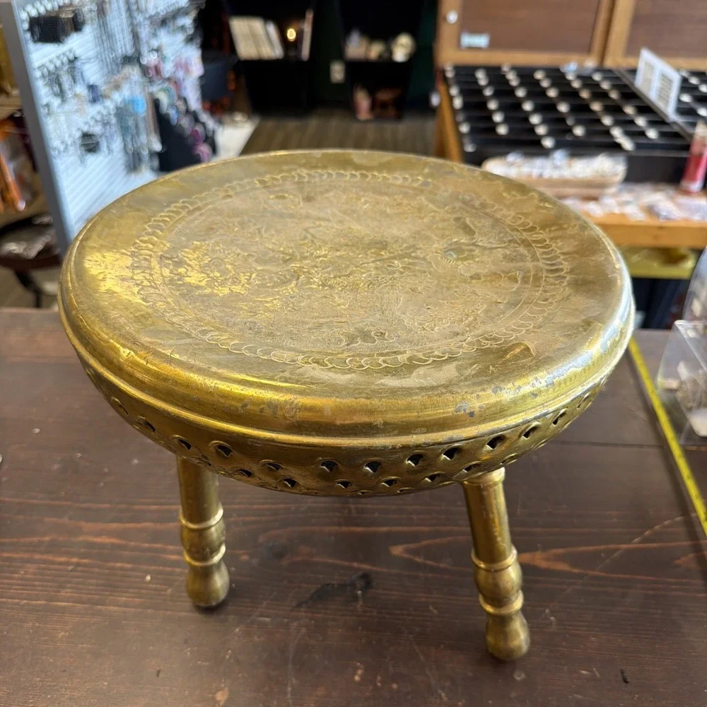 Vintage Brass Turkish Bath Stool, Hamam Stool Tooled Brass 1930's Bohemian